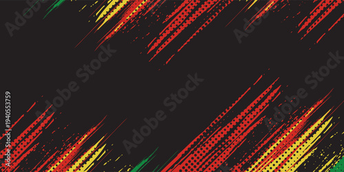 Grunge brush strokes in red, yellow, and green with halftone pattern on white background. Perfect for reggae themes, music flyers, cultural designs, and creative artwork.