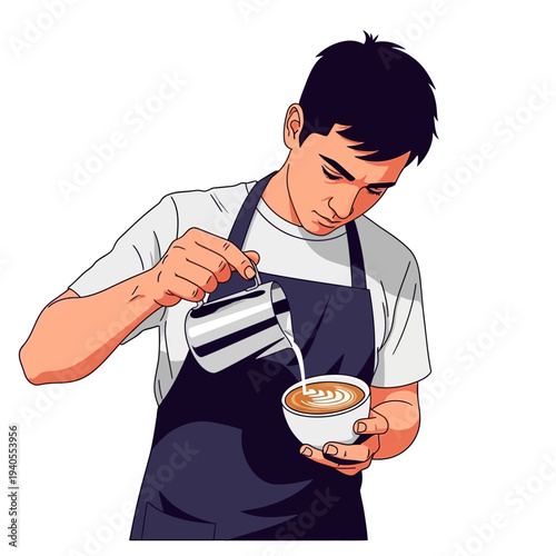 Barista pouring latte art into a cup, close-up on hands and coffee, skilled barista making coffee