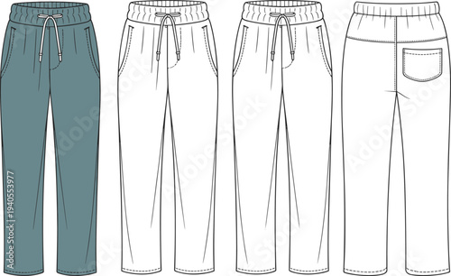 Technical flat drawing fashion illustration of casual sweatpants with elastic drawstring waist and back patch pocket, ready for garment production specification sheet CAD vector