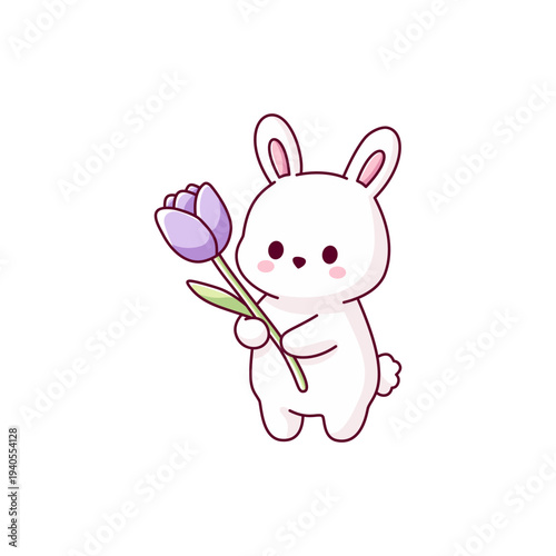 Standing bunny holding a purple tulip Vector illustration