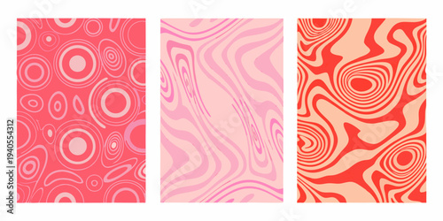 Three abstract panels featuring swirling colorful patterns and retro vibes