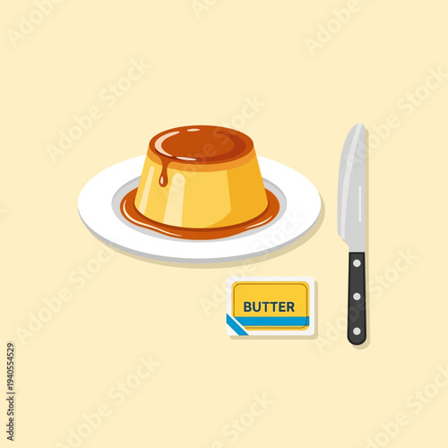 Delicious caramel custard dessert on a plate with butter and knife, isolated on a light background