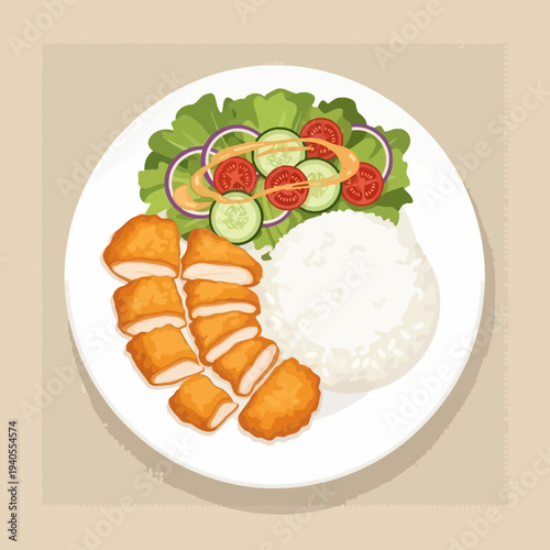 Crispy Chicken Nuggets with Rice and Fresh Salad on a White Plate