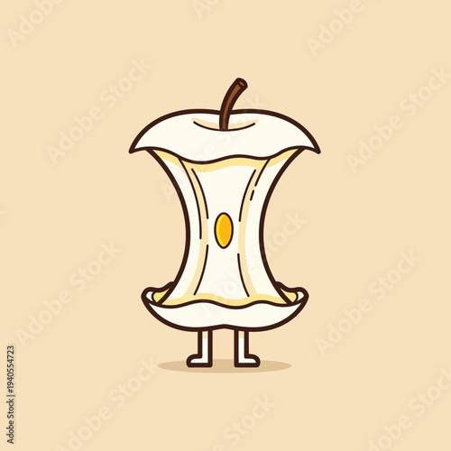 Cute Apple Core Character with Legs and Stem, Cartoon Style
