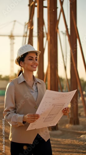 A construction professional reviews building plans at a worksite during sunset