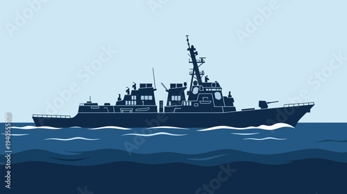Minimalist Navy Warship Silhouette Sailing on Wavy Ocean Waters