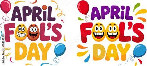 April Fools Day Greeting Card with Funny Cartoon Egg Characters, Colorful Balloons, and Confetti Elements for Holiday Celebration and Pranks