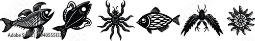 Black and white sea creatures silhouettes