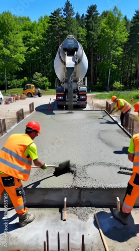 Workers pour and smooth fresh concrete for a new pavement project