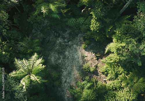 An aerial view looking down into a lush, dense forest, featuring a central path or stream-like opening in the ground surrounded by ferns and thick vegetation