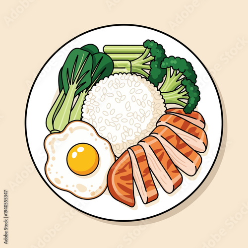 Healthy Meal Plate: Grilled Chicken, Rice, Fried Egg, Broccoli, and Bok Choy