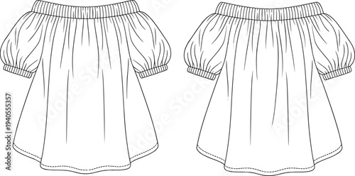 Technical flat drawing fashion illustration of off-the-shoulder smocked blouse with gathered puff sleeves, ready for garment production specification sheet CAD vector template