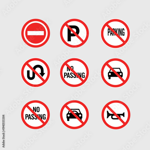 Free Download Set of 9 Red Circular Traffic Signs, Road Safety Symbols, Prohibitory Road Signs - GFXLoad