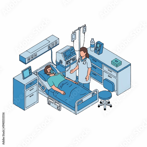Intensive Care Unit Scene with Patient and Nurse.