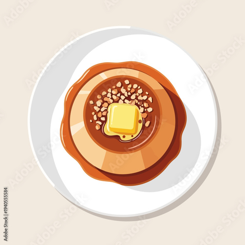 Delicious pancake with butter, syrup, and nuts on a white plate, top view