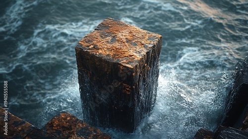 Monolithic stone column embraced by the sea, showing strength and resilience