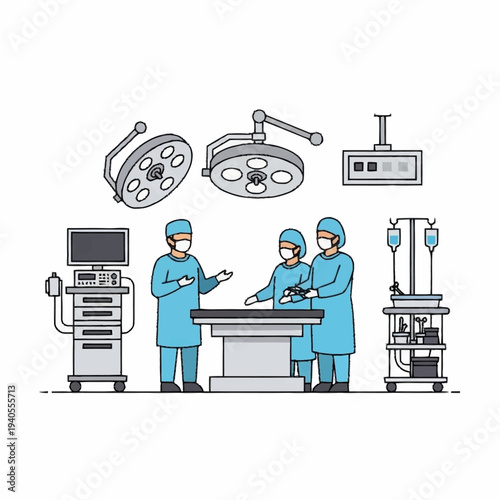 Surgical Team and Medical Equipment in Operating Room.