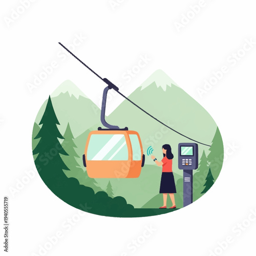 Woman using ski lift ticket machine for mountain adventure.