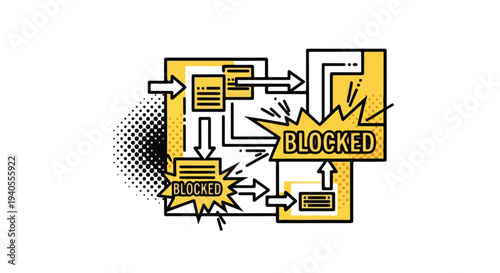 Digital process flow diagram with 'BLOCKED' indicators, symbolizing data security issues, system errors, or network obstruction.