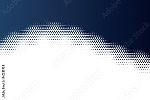 Abstract dark blue and white gradient background with a wave of small hexagonal halftone dots, ideal for modern digital design, business presentations, and website banners.