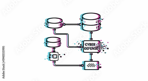Cyber defense system diagram with database icons and glitch effect, representing data security and technology