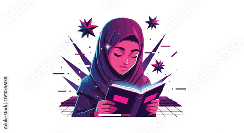 Young Muslim girl wearing hijab, engrossed in reading a glowing book, surrounded by abstract futuristic elements