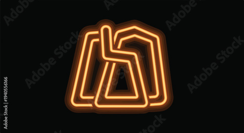 Orange neon outline of a chair against a black background, abstract, modern design, glowing light effect