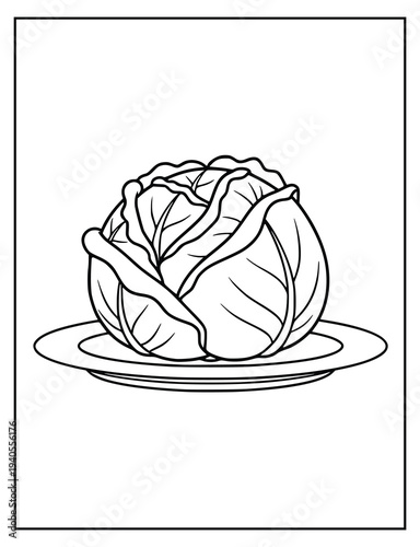 Cabbage coloring page for kids with a fresh vegetable outline on a plate