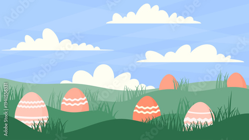 spring landscape with easter eggs on green field