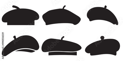 French Beret Hat Icon Set Vector – Classic Black Artist Berets, Hand-Drawn and Silhouette Collection for Fashion, 
Style, and Artistic Accessories Design