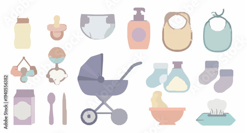 Baby care items vector set with newborn accessories feeding bottle diaper pacifier and infant supplies