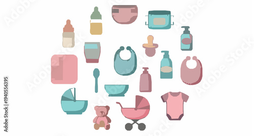 Newborn baby accessories vector collection with feeding bottle pacifier diaper and infant care supplies