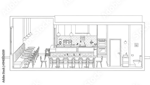 High Quality Black Line Art Café Interior Layout with Seating Arrangement, Kitchen Zone and Restroom, Side View Architectural Technical Drawing