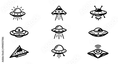 A collection of various UFO and alien spaceship designs and icons