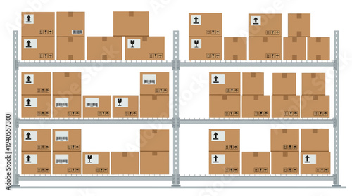 Warehouse Shelving with Cardboard Boxes and Labels.