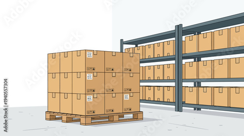 Cardboard Boxes on Pallets and Shelves.