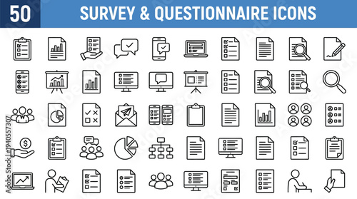 Survey and Questionnaire vector line icon set. Contains linear outline icons like Checklist, Rating, Document, Choice, Quiz, Test, Feedback, Review, Opinion, Report, Exam. Editable use.