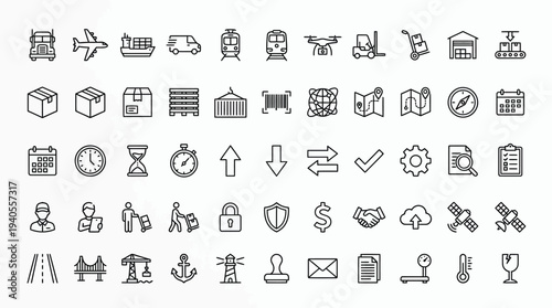 Shipping and Logistic vector line icon set. Contains linear outline icons like Delivery, Cargo, Transportation, Warehouse, Freight, Container, Supply Chain, Fulfillment. Editable use and stroke.