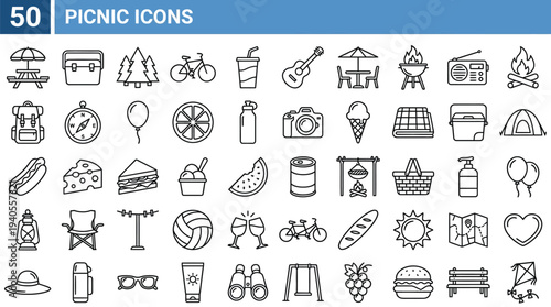 Summer Outdoor Recreation and Picnic vector line icon set. Contains linear outline icons like Campfire, Table, Camping, Grill, Food, Bbq, Hamburger, Blanket, Drink, Hiking. Editable use and stroke.