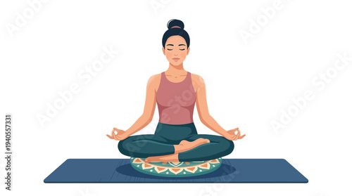 Woman Meditating in Lotus Position on Mat.