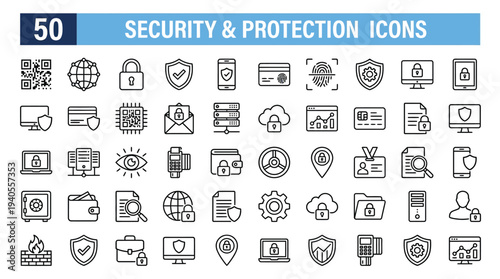 Security and Protection vector line icon set. Contains linear outline icons like Computer Network Security, Cyber Security, Firewall, Shield, Password, Internet, Phishing. Editable use and stroke.