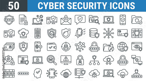 Cyber Security vector line icon set. Contains linear outline icons like Data Protection, Hacker, Password, Firewall, Spam, Antivirus, Virus Threat, Padlock, Secure, Phishing. Editable use and stroke.