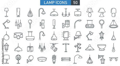 Lamp and Lighting Design vector line icon set. Contains linear outline icons like Floor Light, Spotlight, Desk Lamp, Lantern, Chandelier, Ceiling, Led, Bulb, Backlight. Editable use and stroke for web