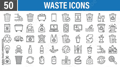 Waste and Recycle vector line icon set. Contains linear outline icons like Trash, Plastic, Paper, Bottle, Can, Dumpster, Factory, Truck, Food, Garbage, Pollution, Glass. Editable use and stroke.