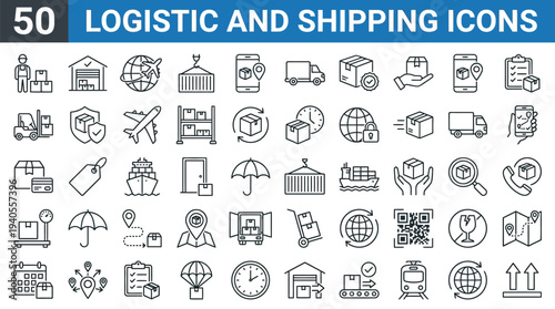 Shipping and Logistic vector line icon set. Contains linear outline icons like Delivery, Cargo, Transportation, Warehouse, Freight, Container, Supply Chain, Fulfillment. Editable use and stroke.