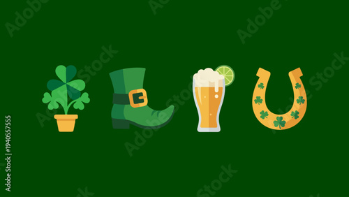 A festive illustration depicting st patrick s day symbols on a green background
