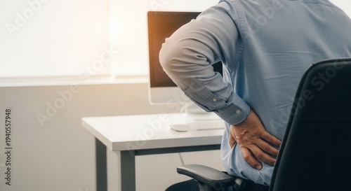 Male employee feeling lower back pain while working at office computer desk. Lumbar spine injury, sciatica symptoms, and kidney discomfort caused by poor ergonomic chair and long sitting hours.