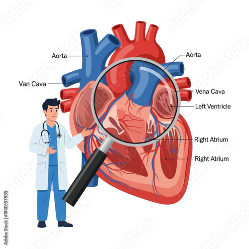 Doctor examining human heart anatomy with magnifying glass, medical illustration