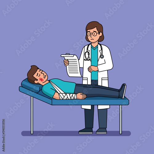 Doctor Examines Injured Patient with Broken Arm on Medical Bed