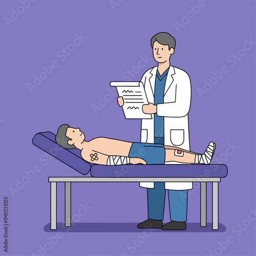 Doctor examines injured patient with bandages on examination table, medical checkup